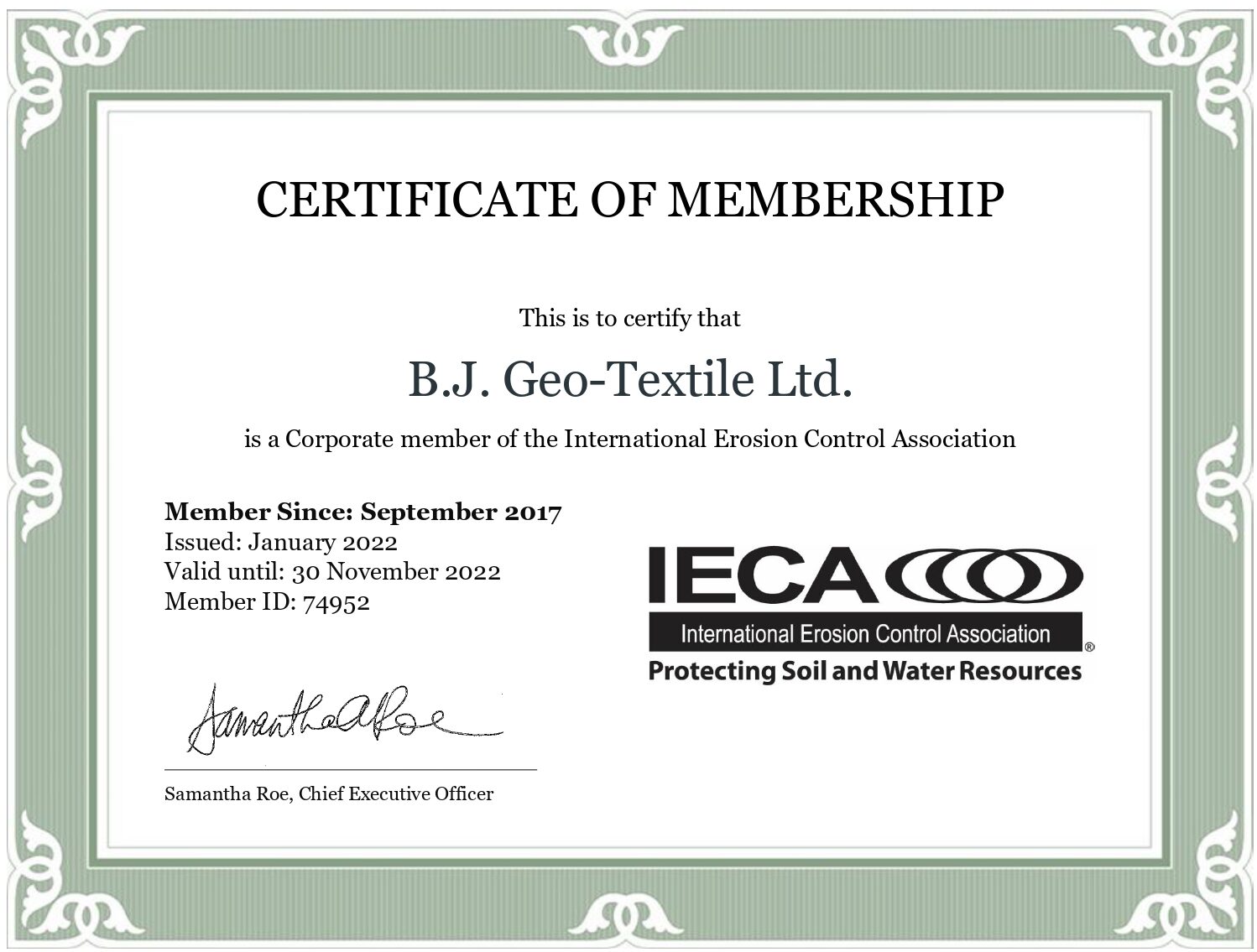 B.J. Geo-Textile Membership Certificate